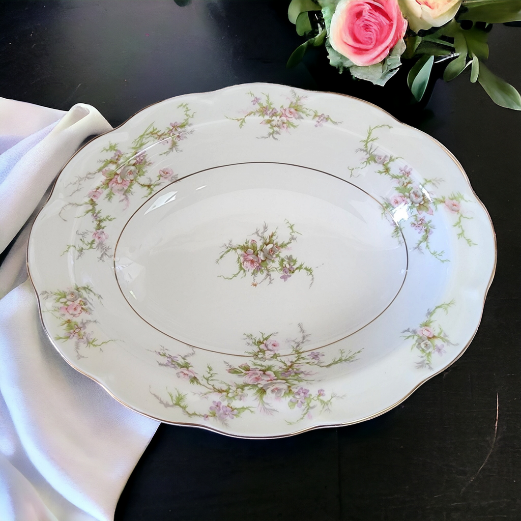 9" Haviland Rosalinde New York Scallop Pink, Lavender & White Flowers Oval Vegetable Bowl
