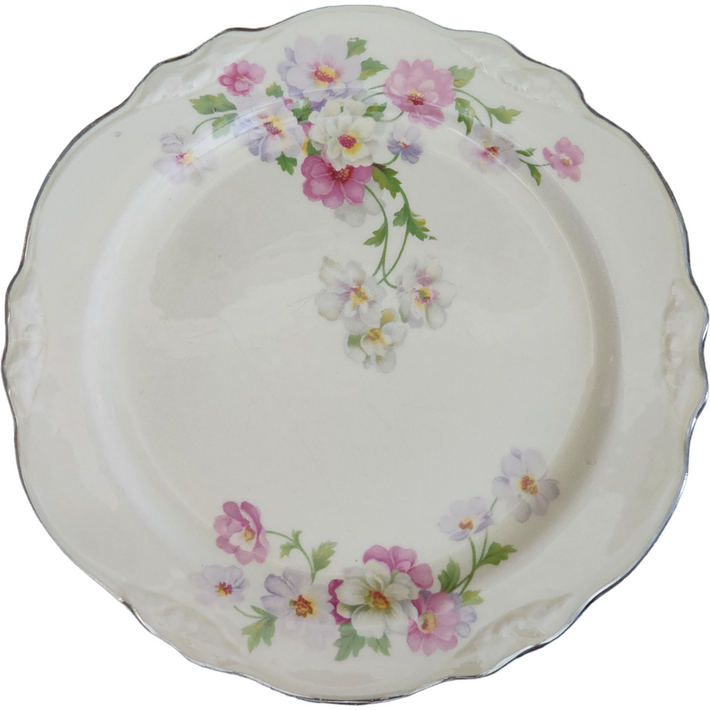 9" Homer Laughlin Fluffy Virginia Rose Platinum Trim Pink & White Flowers Luncheon Plate