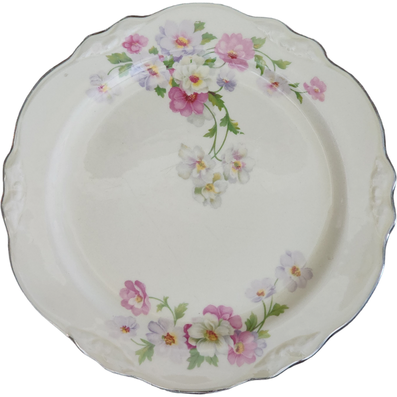 9" Homer Laughlin Fluffy Virginia Rose Platinum Trim Pink & White Flowers Luncheon Plate