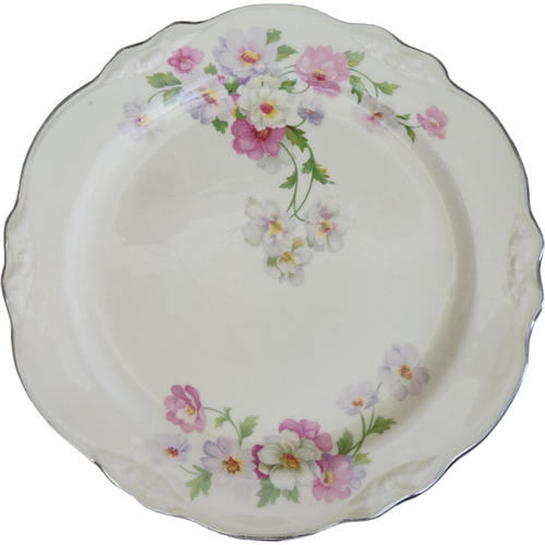 9" Homer Laughlin Fluffy Virginia Rose Platinum Trim Pink & White Flowers Luncheon Plate