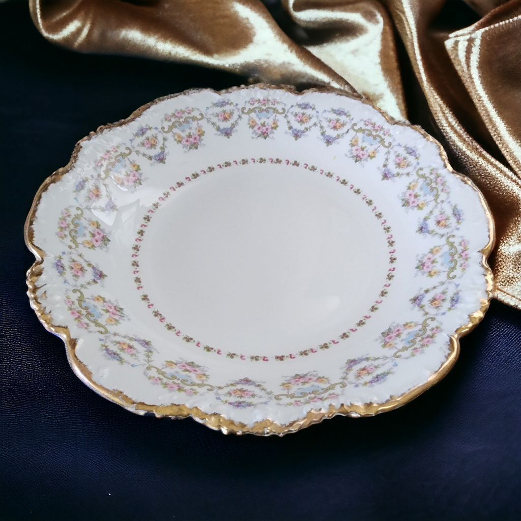 9" Jean Pouyat Multicolor Flowers, Green Scrolls Limoges France Round Vegetable Bowl