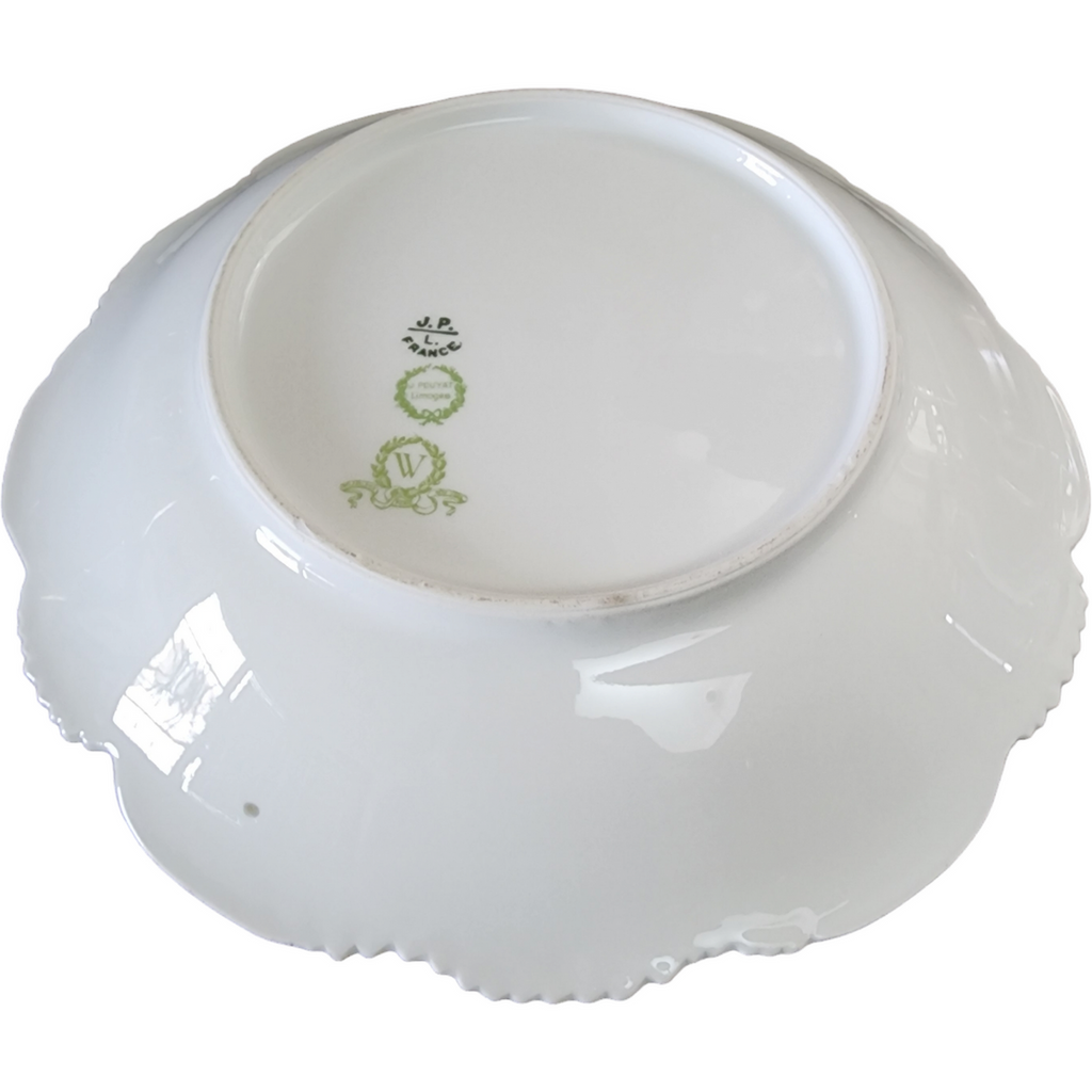 9" Jean Pouyat Multicolor Flowers, Green Scrolls Limoges France Round Vegetable Bowl