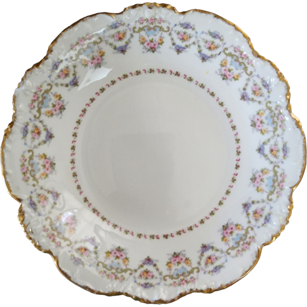 9" Jean Pouyat Multicolor Flowers, Green Scrolls Limoges France Round Vegetable Bowl