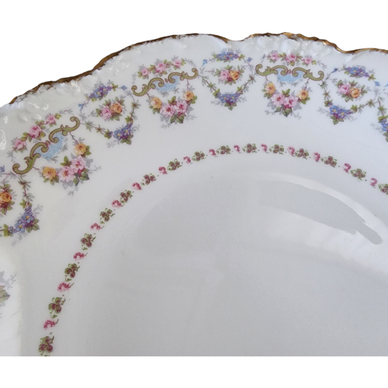 9" Jean Pouyat Multicolor Flowers, Green Scrolls Limoges France Round Vegetable Bowl