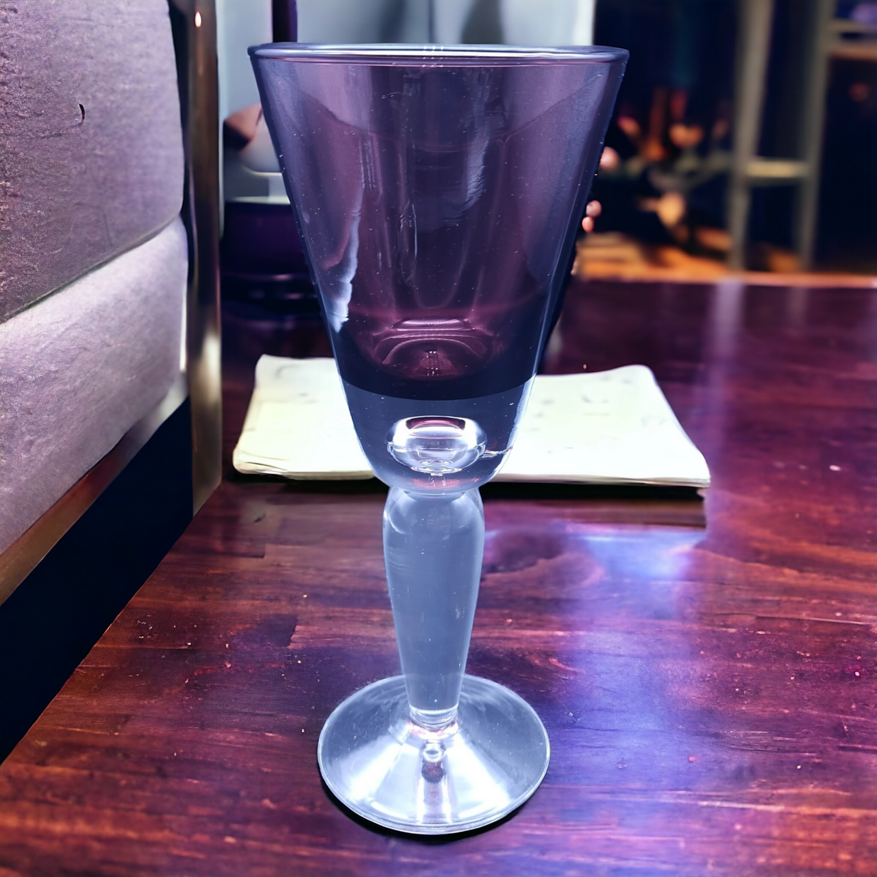 9" Krosno Amethyst Crystall Clear Stem Hand Blown Bubble Large Wine Water Goblet Poland