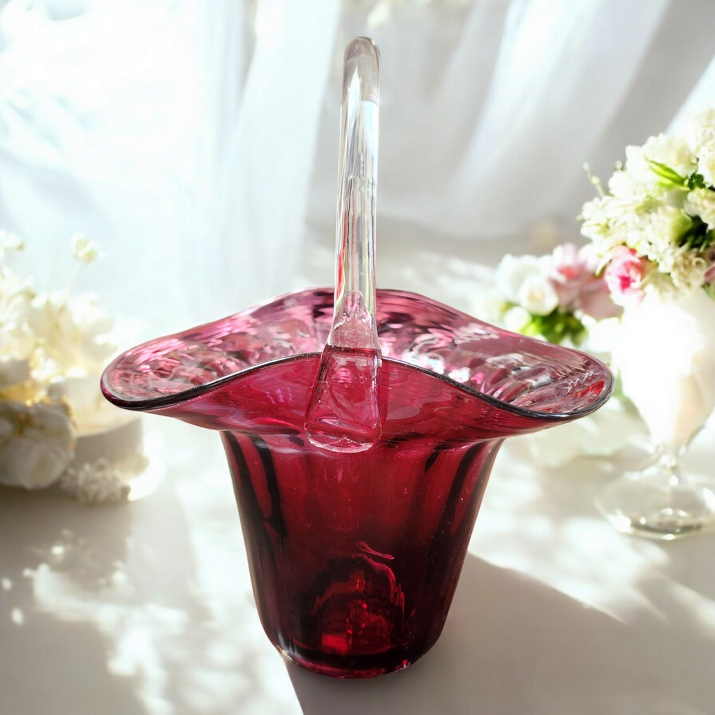9" Pilgrim Glass Cranberry Optic Handled Basket