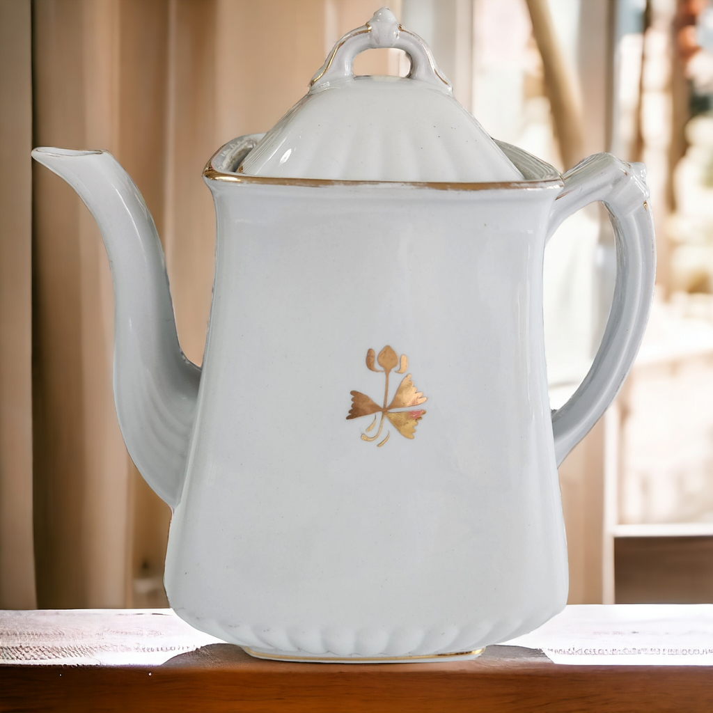 9" Powell Bishop & Stonier Royal Ironstone Tea Leaf Center And Gold Trim Farmhouse Coffeepot Teapot