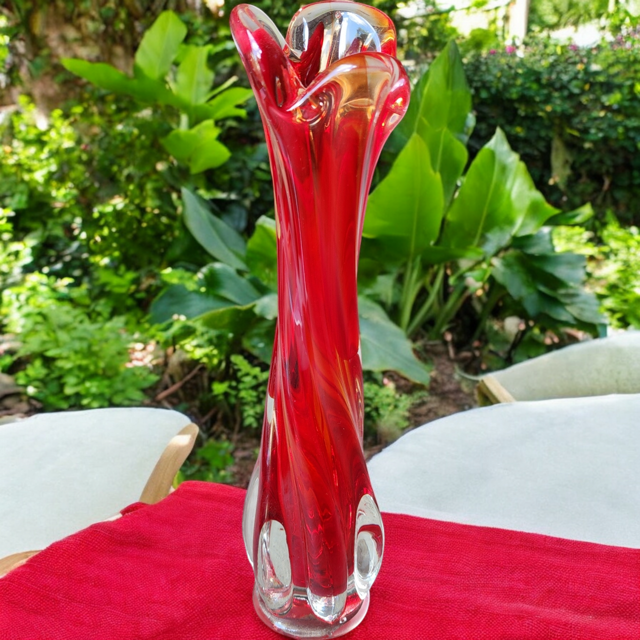 9" Tilso Red Crystal Art Stretched Glass Hand Blown Bud Vase Japan