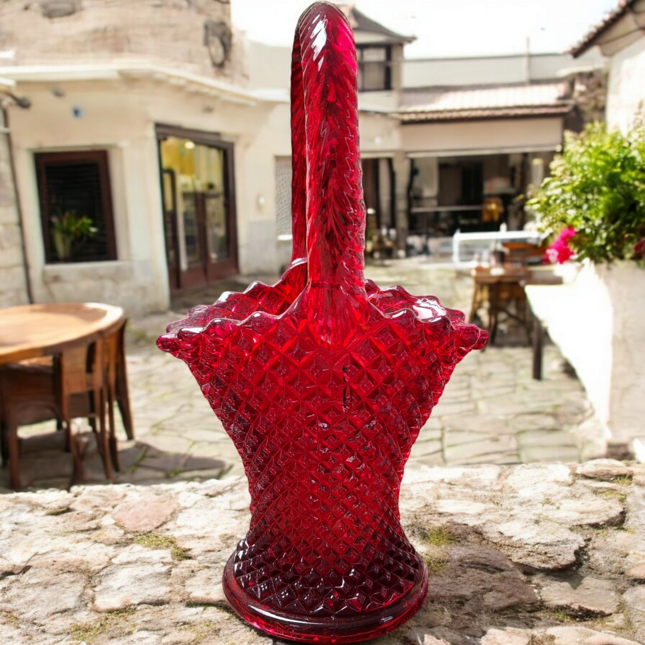 9" Westmoreland Ruby Red English Hobnail Handled Basket