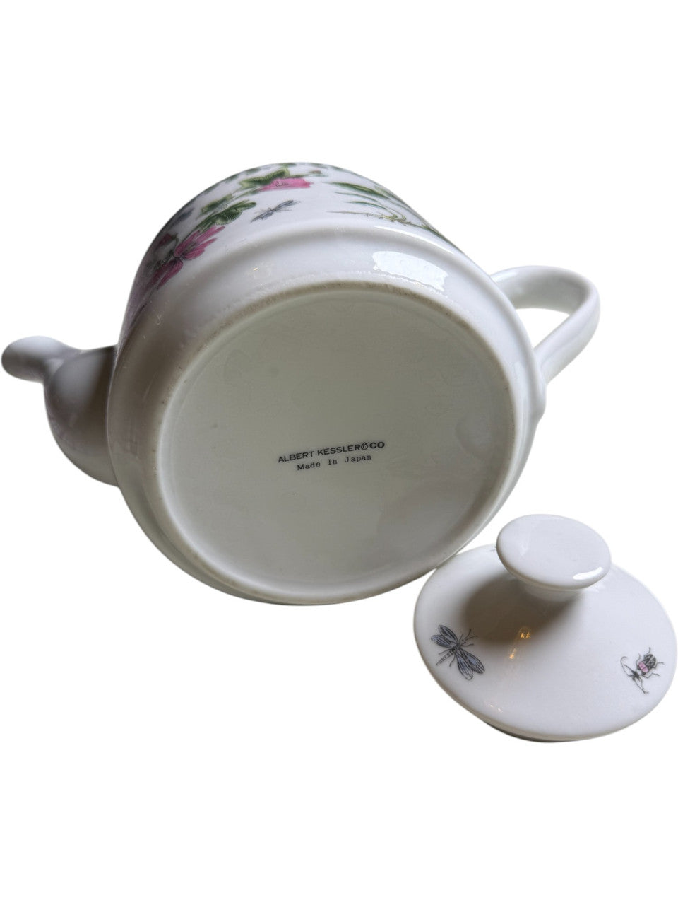 Albert Kessler & Co Vintage Porcelain Teapot Pink Floral with Dragonfly & Butterfly Made in Japan