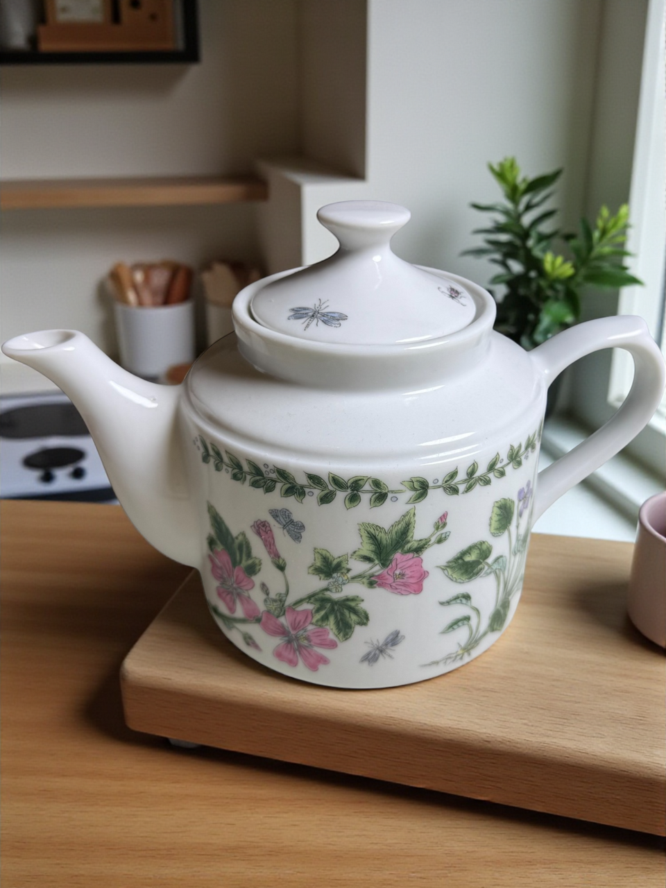 Albert Kessler & Co Vintage Porcelain Teapot Pink Floral with Dragonfly & Butterfly Made in Japan