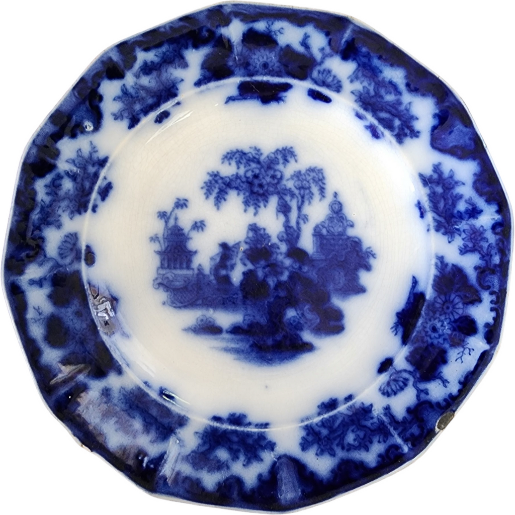 Alcock, John Scinde 12 Sided Flow Blue, Floral, Oriental Scene Luncheon Plate