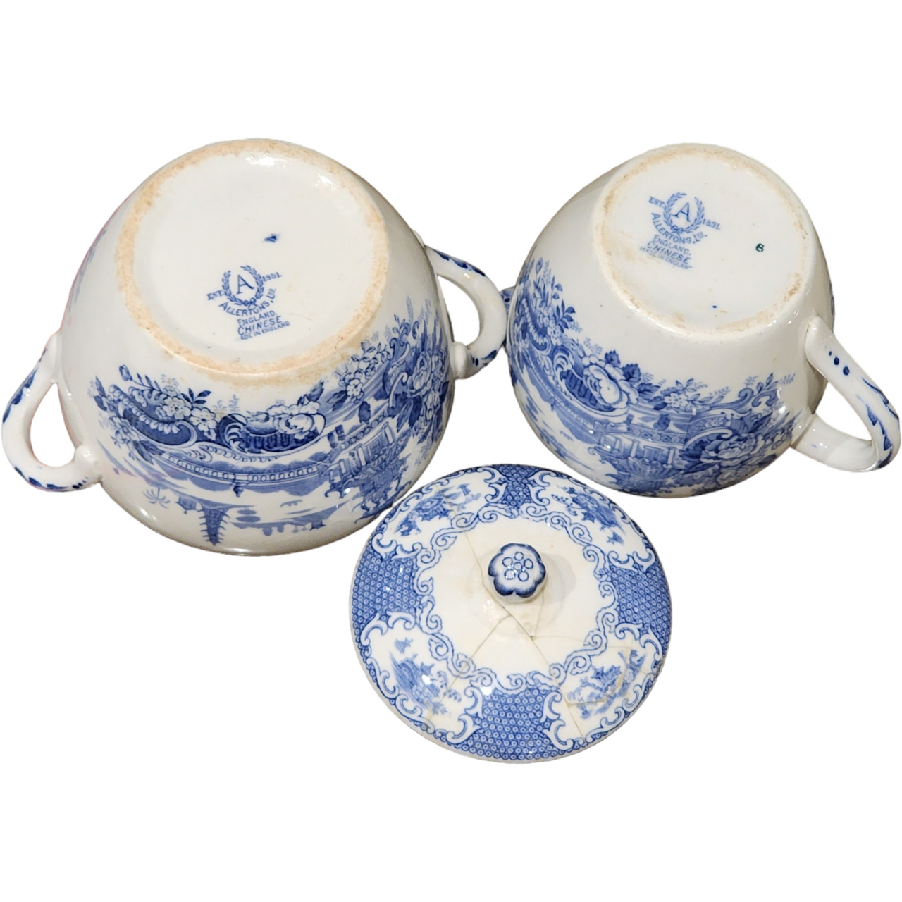 Allerton's Chinese Blue Sugar Bowl & Lid and Creamer Englang