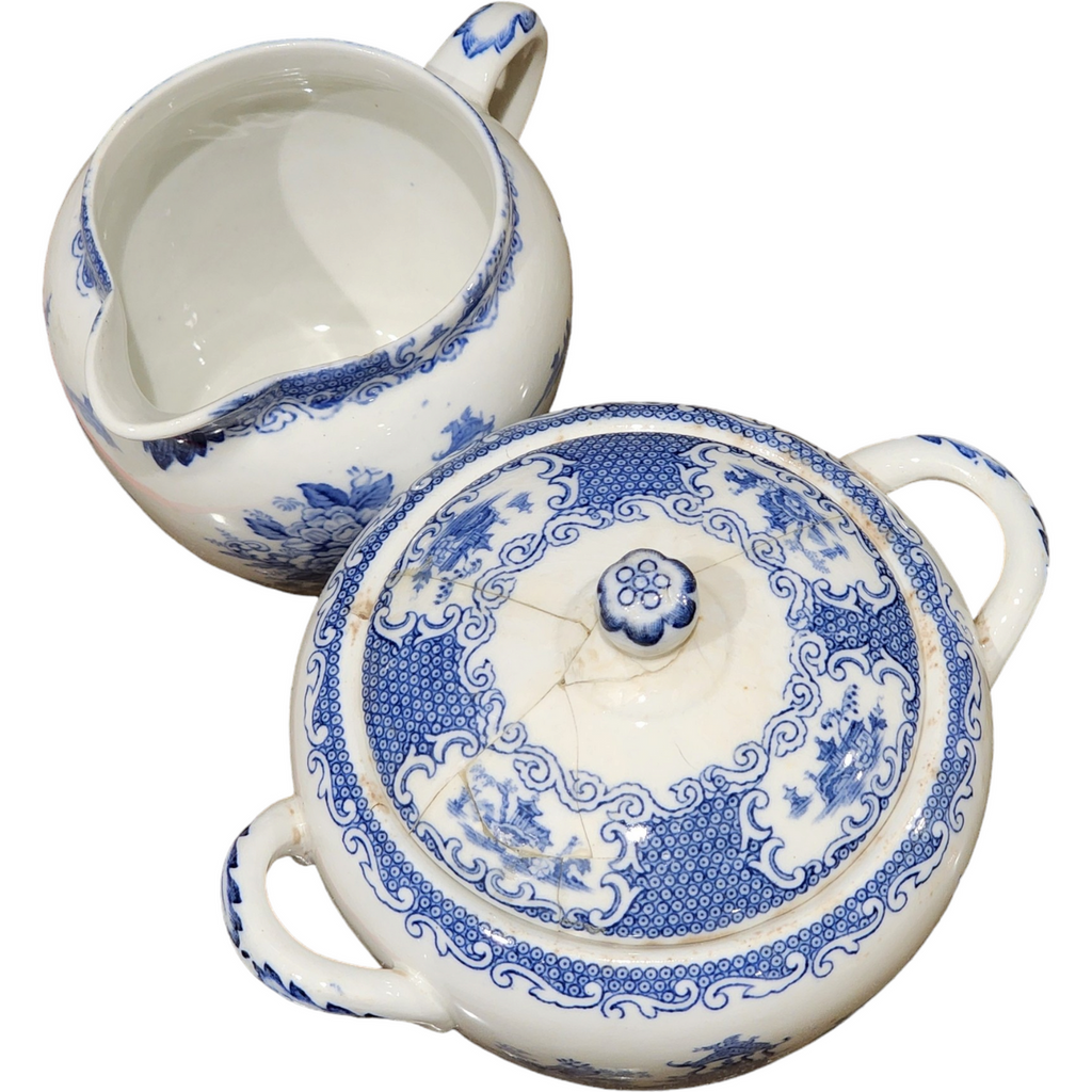 Allerton's Chinese Blue Sugar Bowl & Lid and Creamer Englang