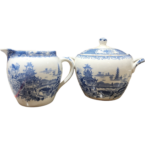 Allerton's Chinese Blue Sugar Bowl & Lid and Creamer Englang