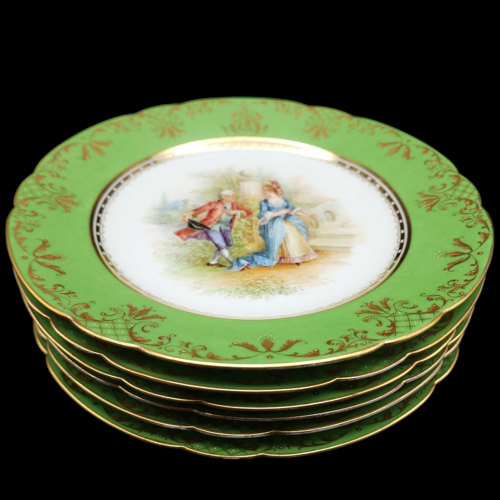 Ambrosius Lamm Dresden Green Rim Dinner Plates with Different Scenes Set of 6