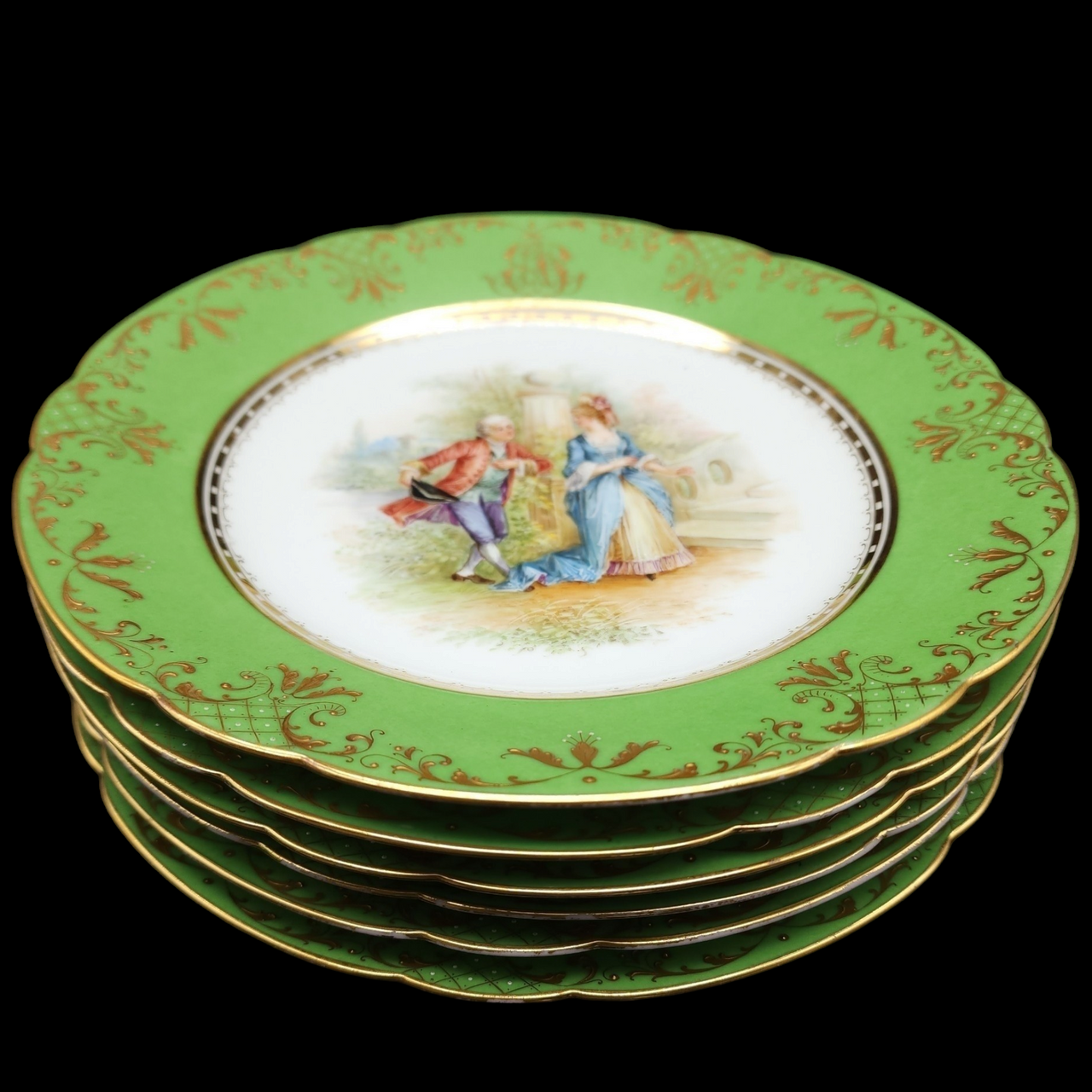 Ambrosius Lamm Dresden Green Rim Dinner Plates with Different Scenes Set of 6