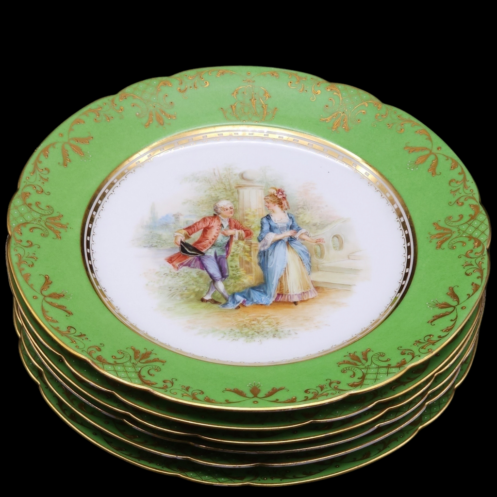 Ambrosius Lamm Dresden Green Rim Dinner Plates with Different Scenes Set of 6