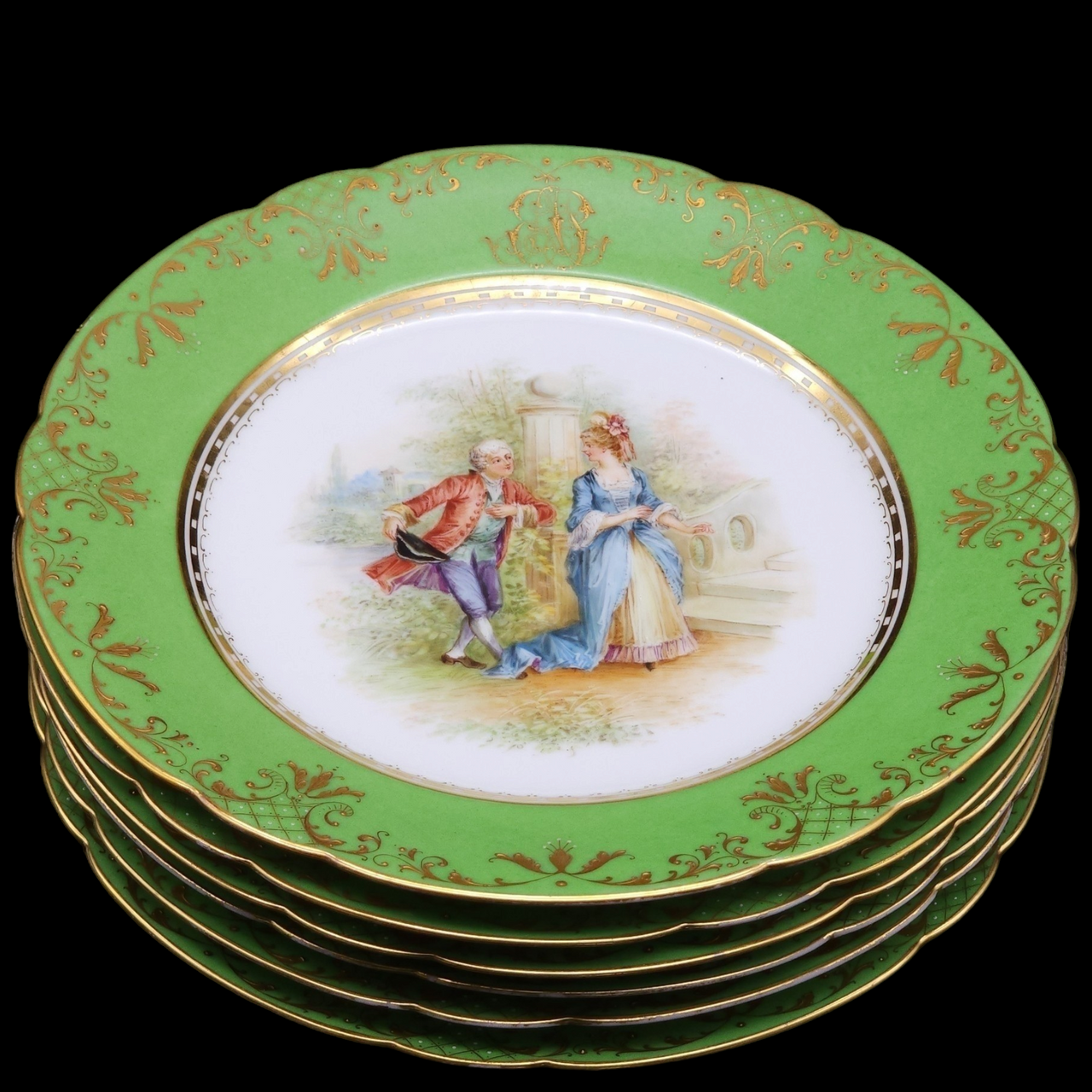 Ambrosius Lamm Dresden Green Rim Dinner Plates with Different Scenes Set of 6