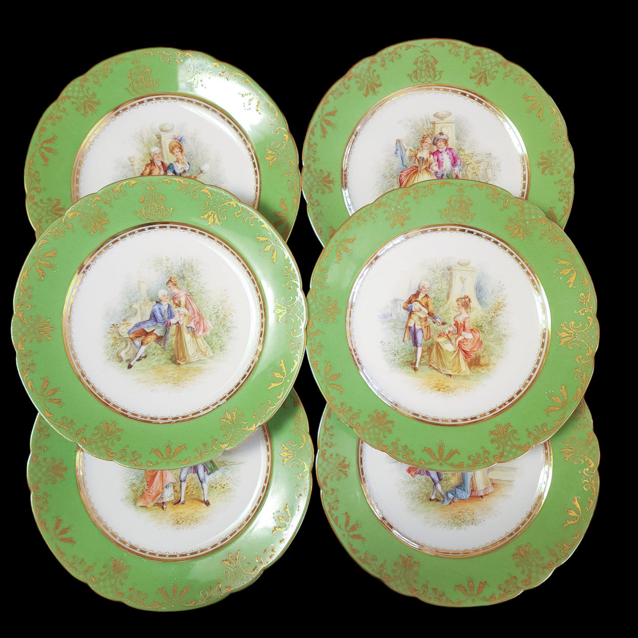 Ambrosius Lamm Dresden Green Rim Dinner Plates with Different Scenes Set of 6