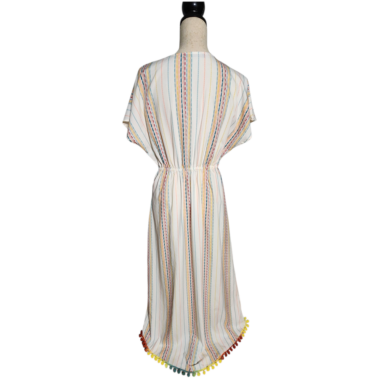 America & Beyond Multicolor Striped Pom-Pom Wrap Dress Boho Resort Style