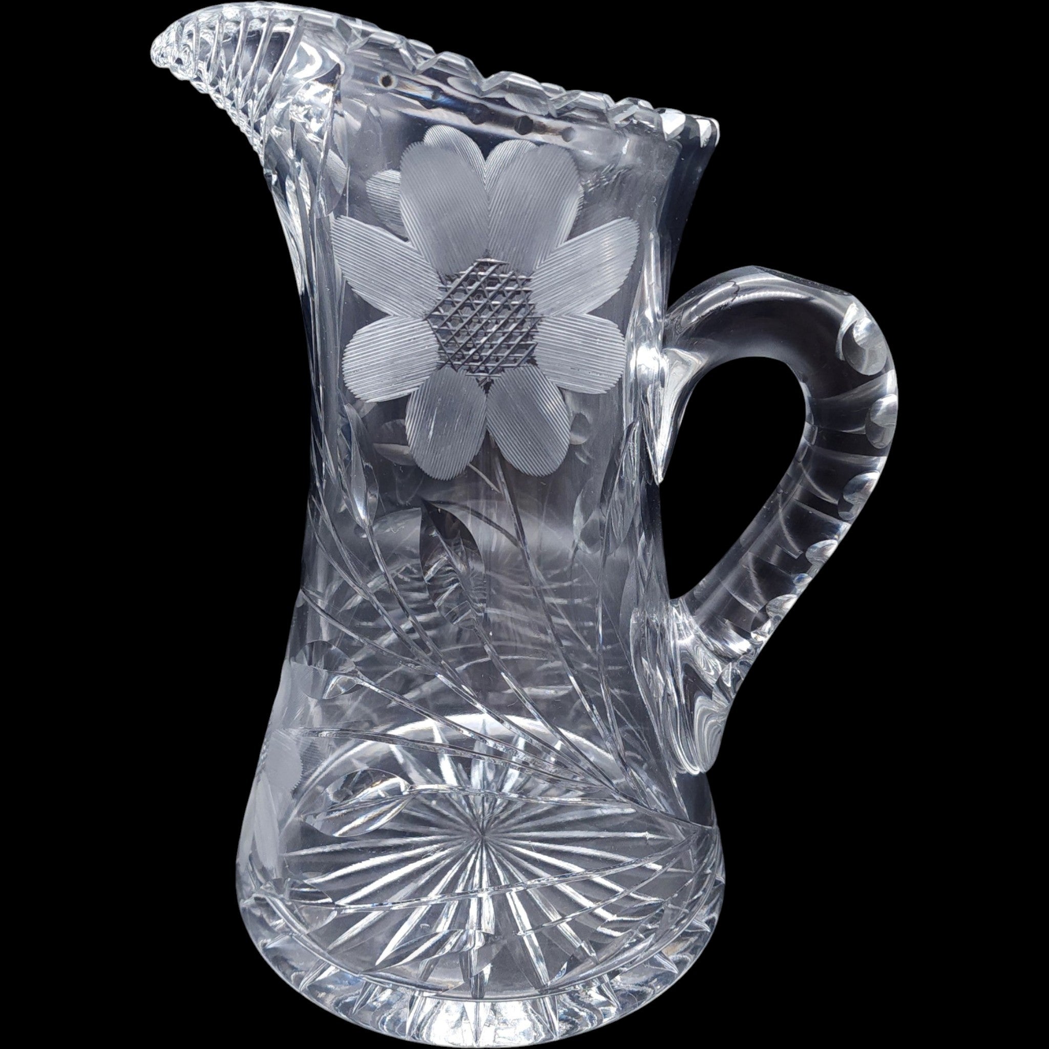 Antique American Brilliant Period Cut Glass Pitcher with Intricate Daisy Motif