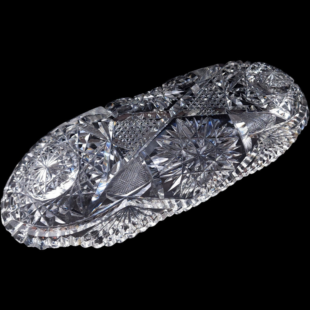 11" Antique American Brilliant Cut Crystal Glass Oval Celery Dish Relish Tray