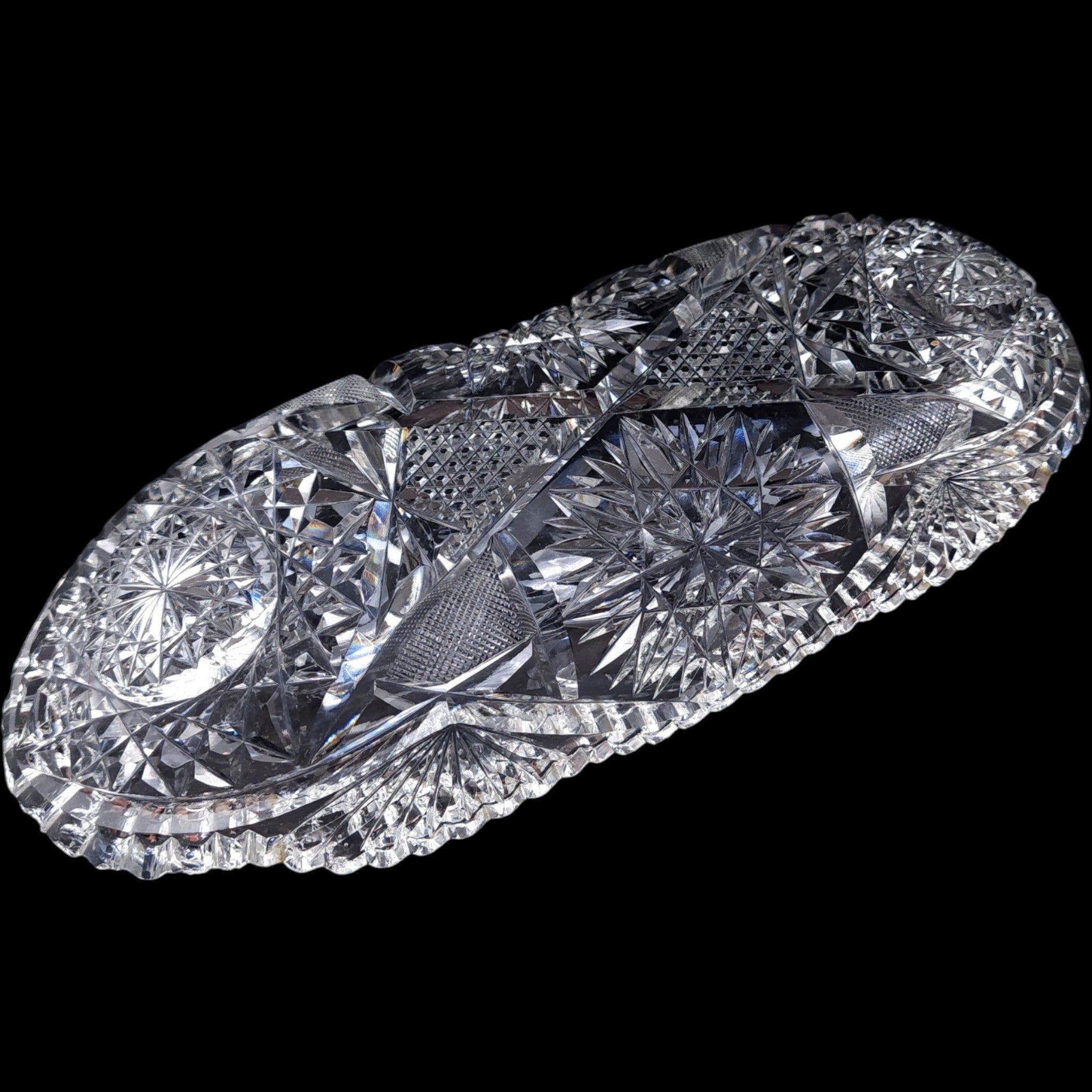 11" Antique American Brilliant Cut Crystal Glass Oval Celery Dish Relish Tray