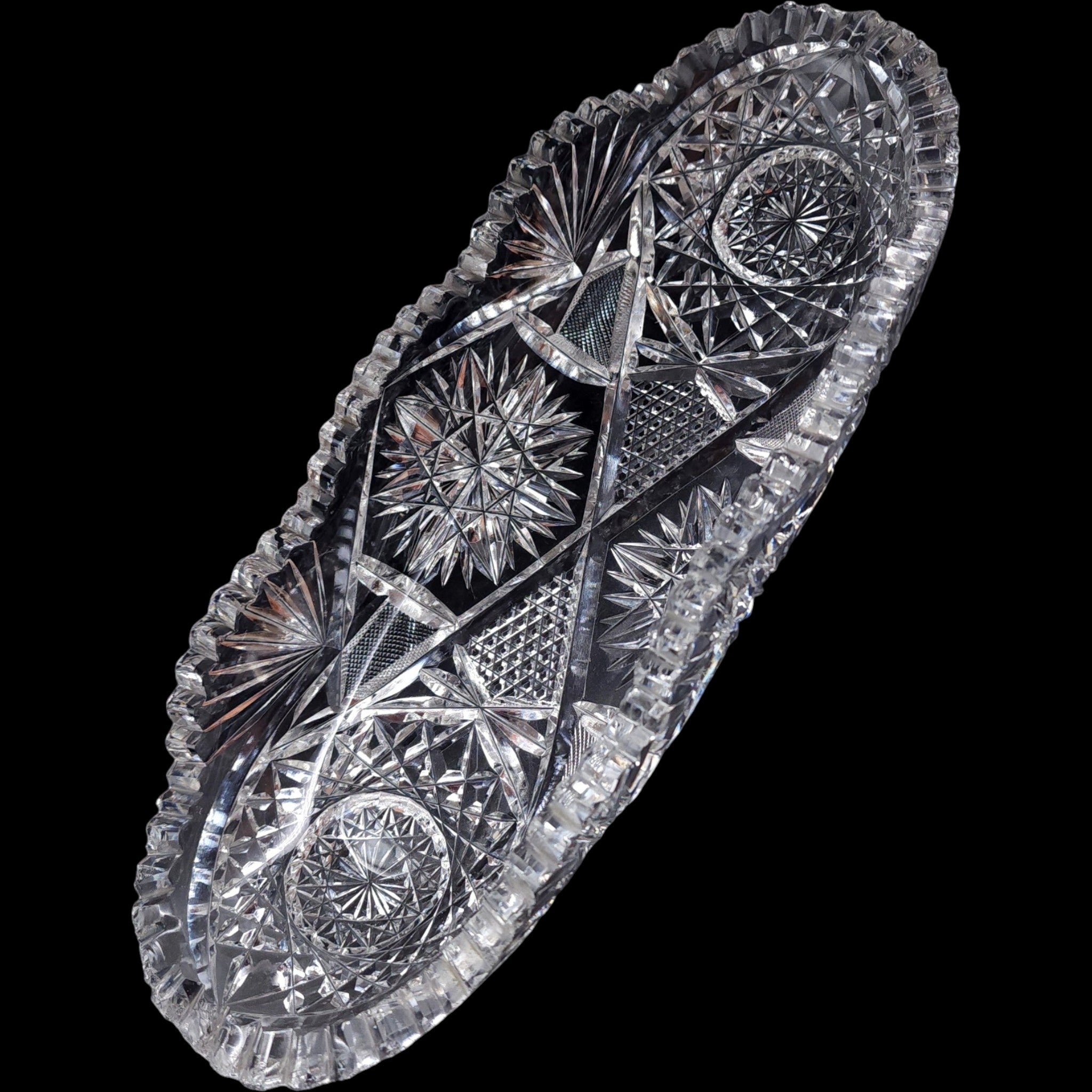 11" Antique American Brilliant Cut Crystal Glass Oval Celery Dish Relish Tray