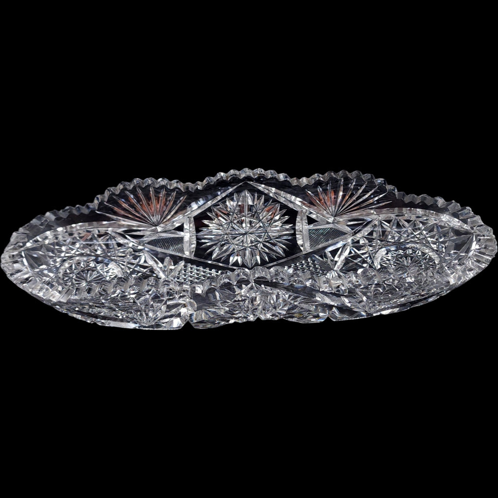 11" Antique American Brilliant Cut Crystal Glass Oval Celery Dish Relish Tray