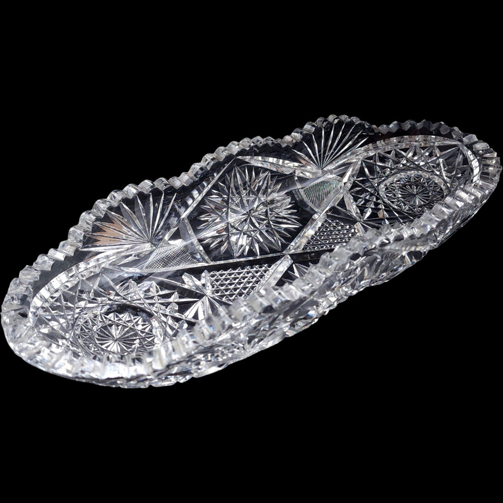 11" Antique American Brilliant Cut Crystal Glass Oval Celery Dish Relish Tray