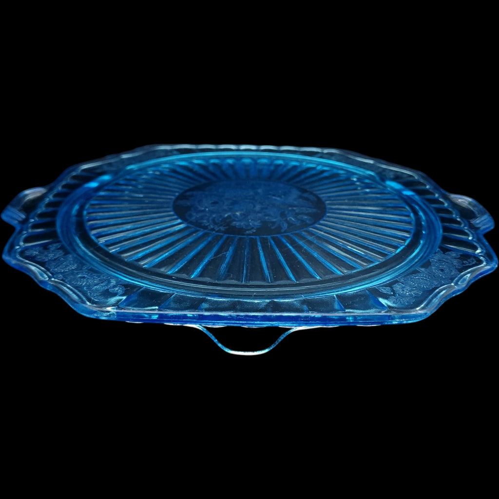 Anchor Hocking Mayfair Blue Open Rose Footed Cake Plate