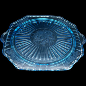 Anchor Hocking Mayfair Blue Open Rose Footed Cake Plate