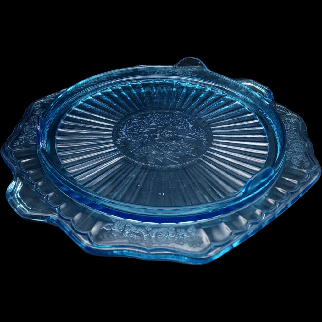 Anchor Hocking Mayfair Blue Open Rose Footed Cake Plate