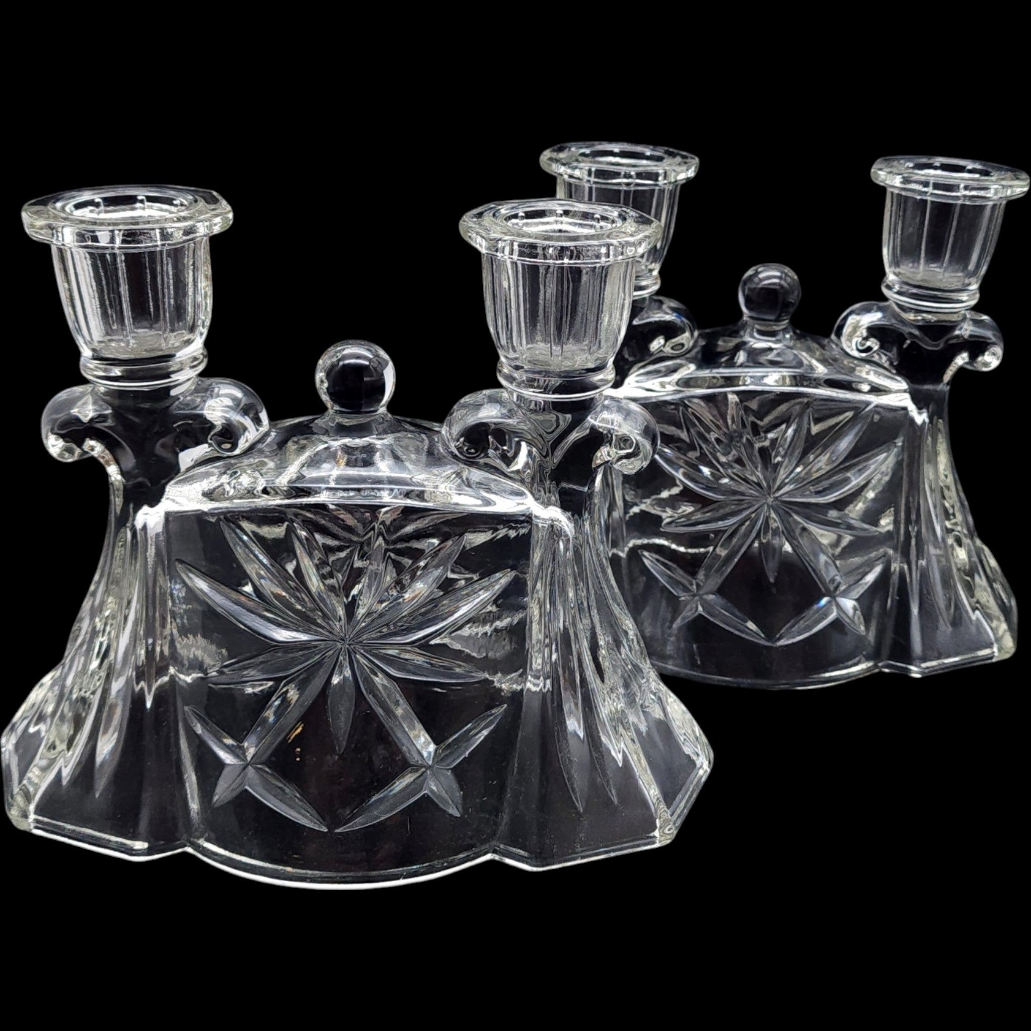 Anchor Hocking Prescut Clear Double Light Candlestick Holders Pair