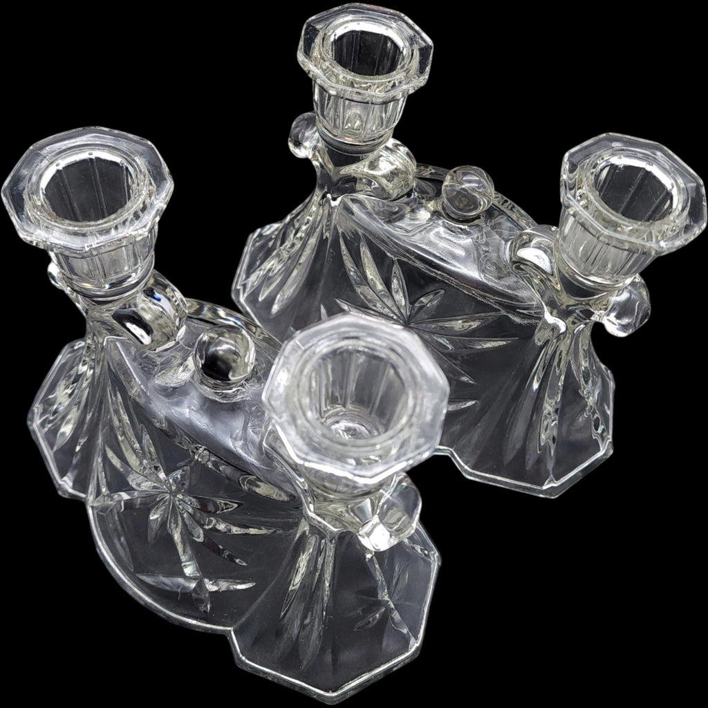 Anchor Hocking Prescut Clear Double Light Candlestick Holders Pair