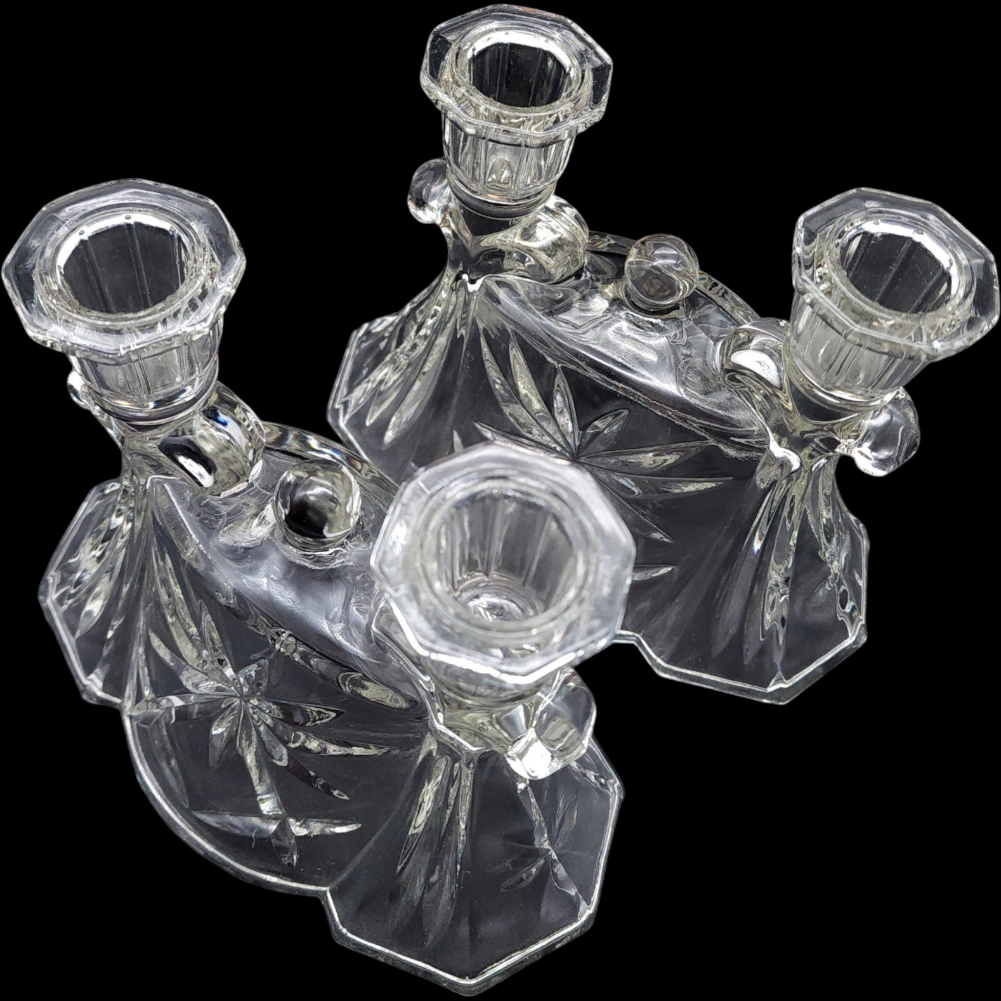 Anchor Hocking Prescut Clear Double Light Candlestick Holders Pair