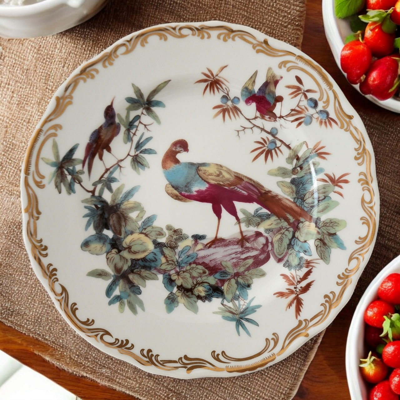 Andrea by Sadek Multicolor Exotic Birds Gold Scrolls Salad Dessert Plate