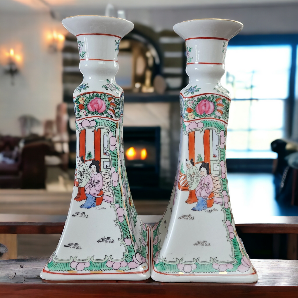 Andrea by Sadek Rose Medallion Famille Candleholders China Set of Two