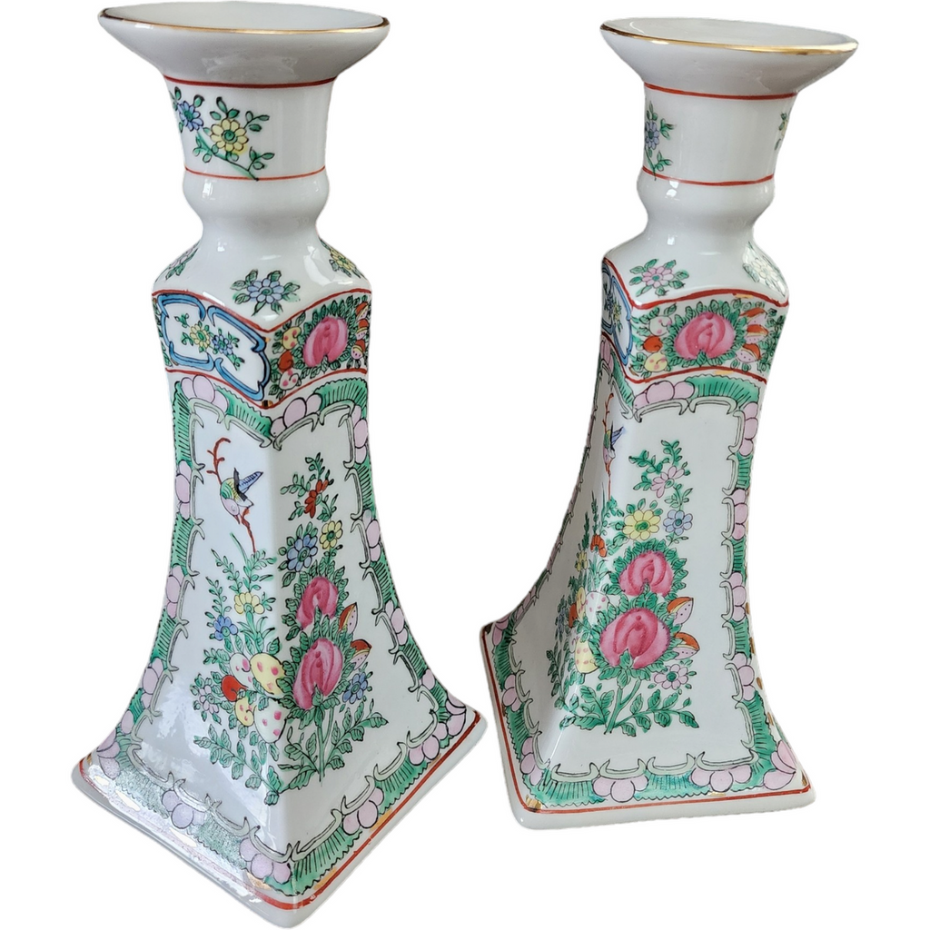 Andrea by Sadek Rose Medallion Famille Candleholders China Set of Two