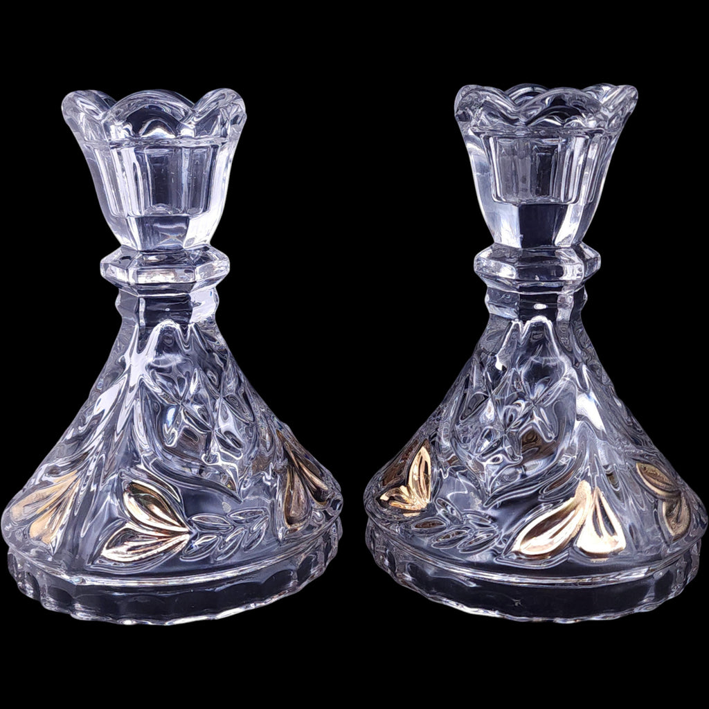 Anna Hutte Bleikristall Lead Crystal Taper Candle Holders Gold Flash Pair