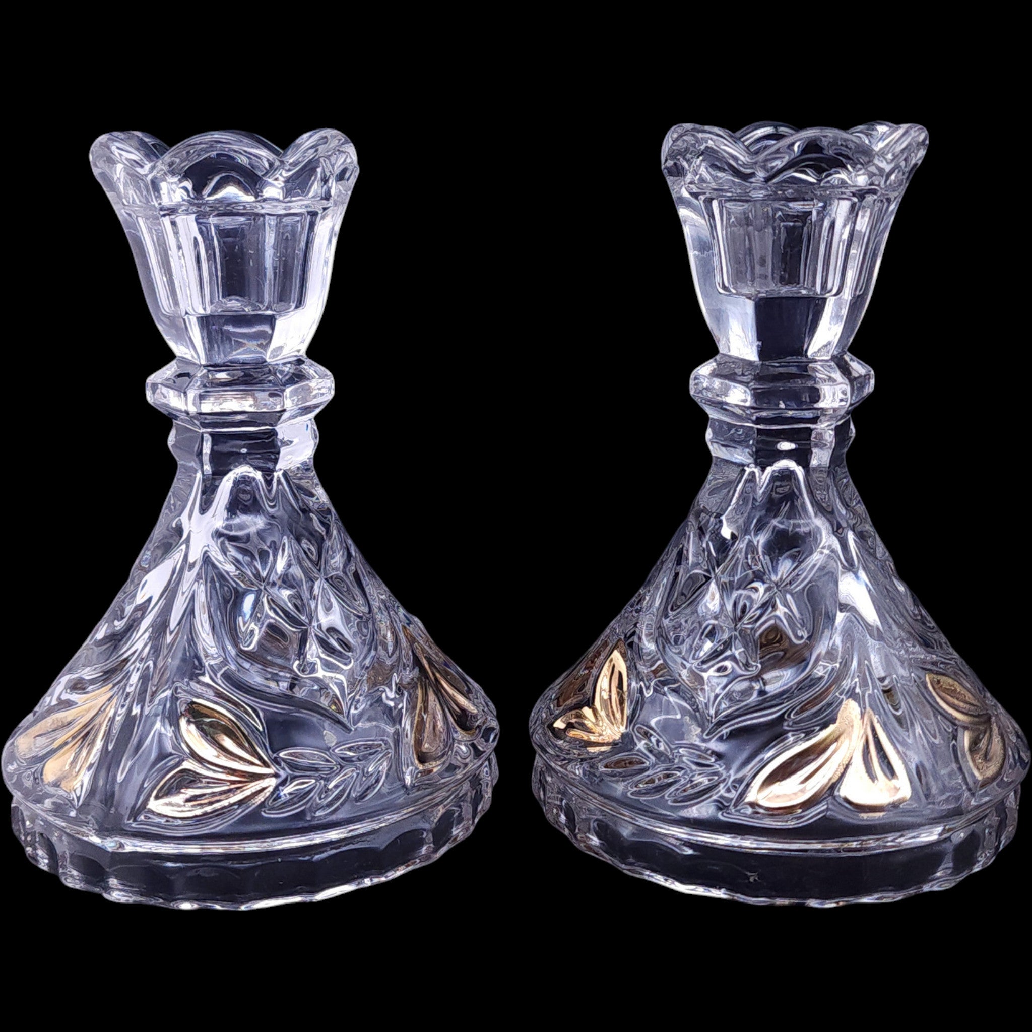 Anna Hutte Bleikristall Lead Crystal Taper Candle Holders Gold Flash Pair