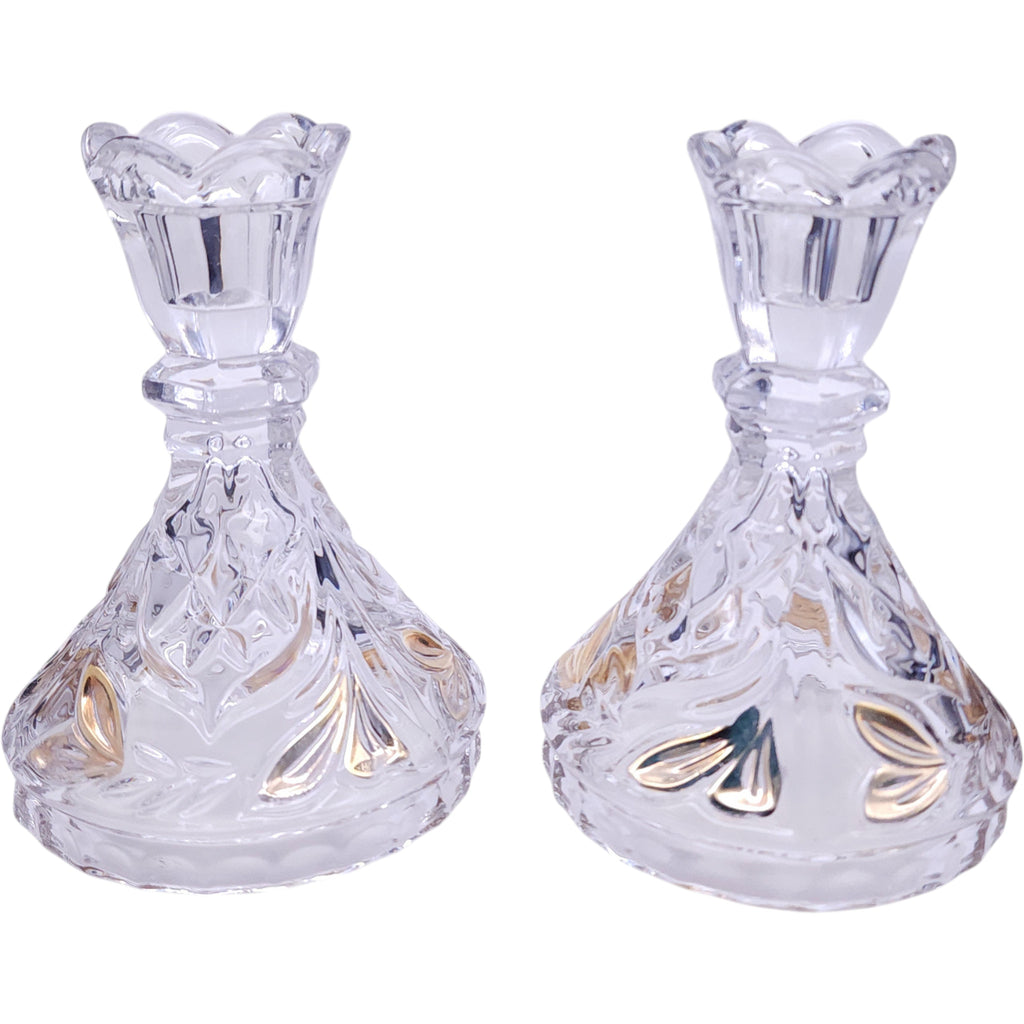 Anna Hutte Bleikristall Lead Crystal Taper Candle Holders Gold Flash Pair