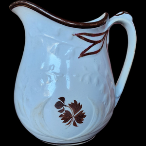 Anthony Shaw Burslem Tea Leaf Embossed Lily Rim Copper Band Ironstone Pitcher