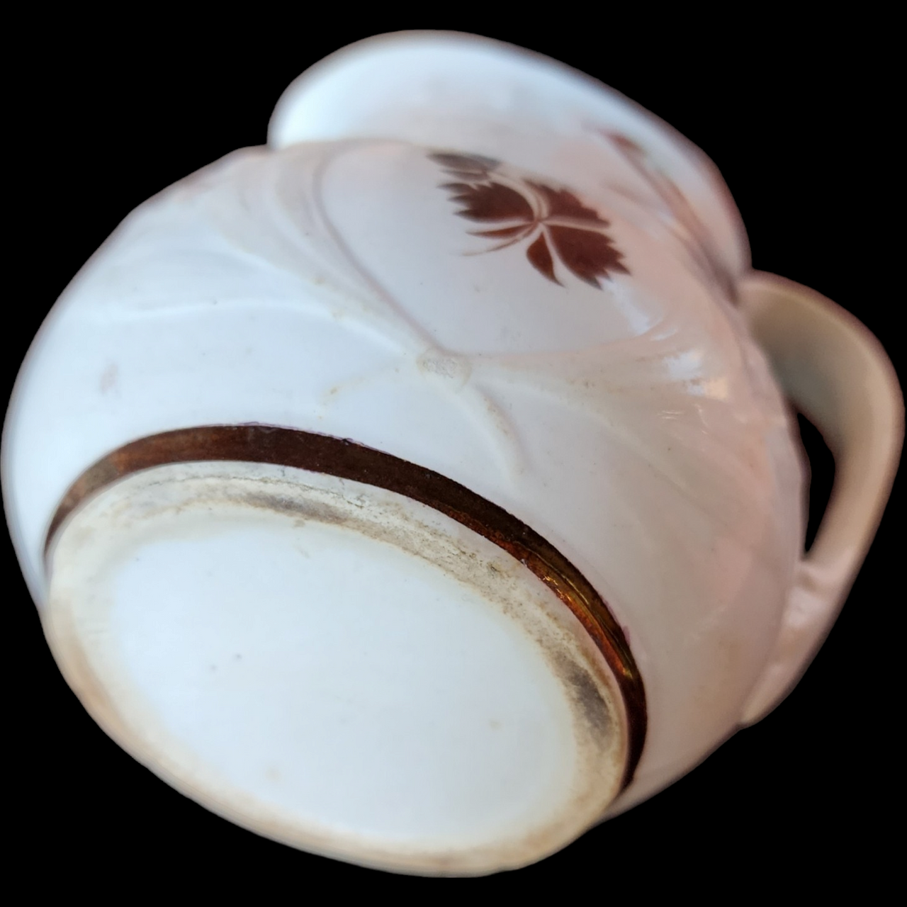 Anthony Shaw Burslem Tea Leaf Embossed Lily Rim Copper Band Ironstone Pitcher