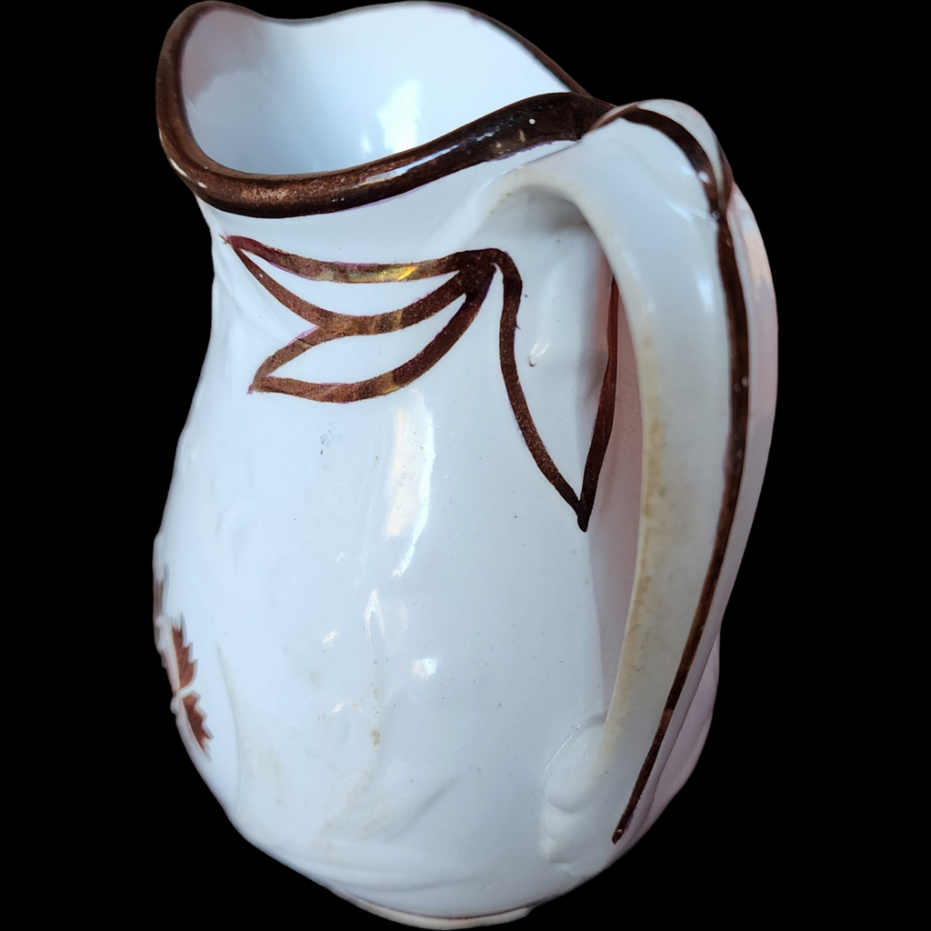 Anthony Shaw Burslem Tea Leaf Embossed Lily Rim Copper Band Ironstone Pitcher