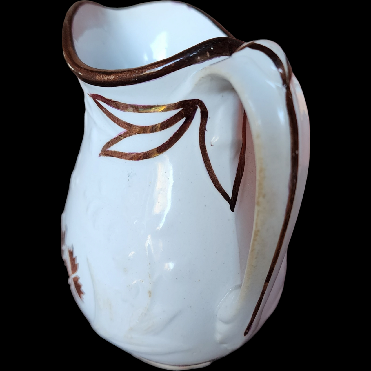 Anthony Shaw Burslem Tea Leaf Embossed Lily Rim Copper Band Ironstone Pitcher