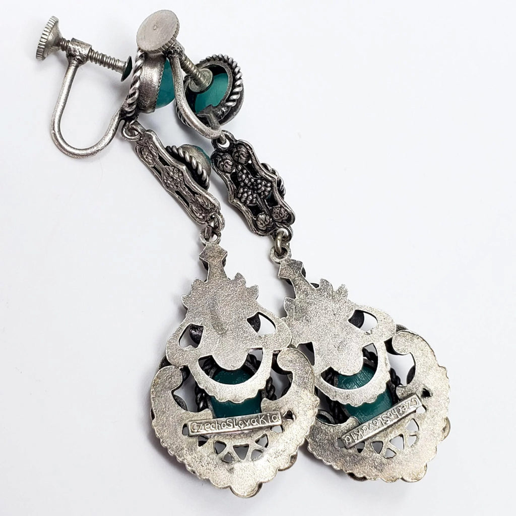 Antique Early Art Deco Silver Plate Marcasite Green Czech Glass Dangle Earrings