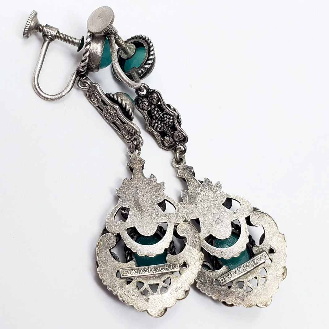 Antique Early Art Deco Silver Plate Marcasite Green Czech Glass Dangle Earrings