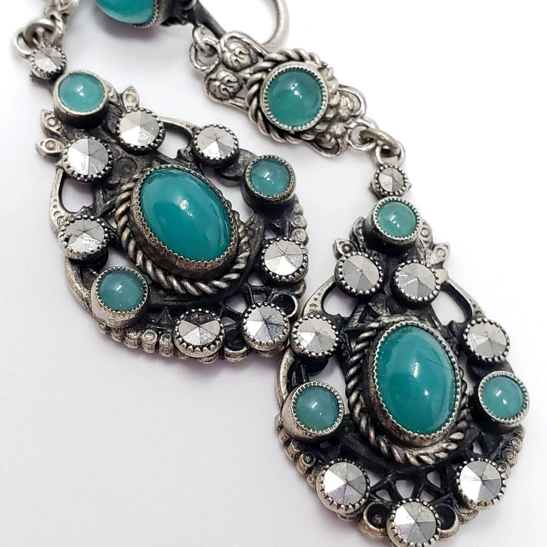Antique Early Art Deco Silver Plate Marcasite Green Czech Glass Dangle Earrings